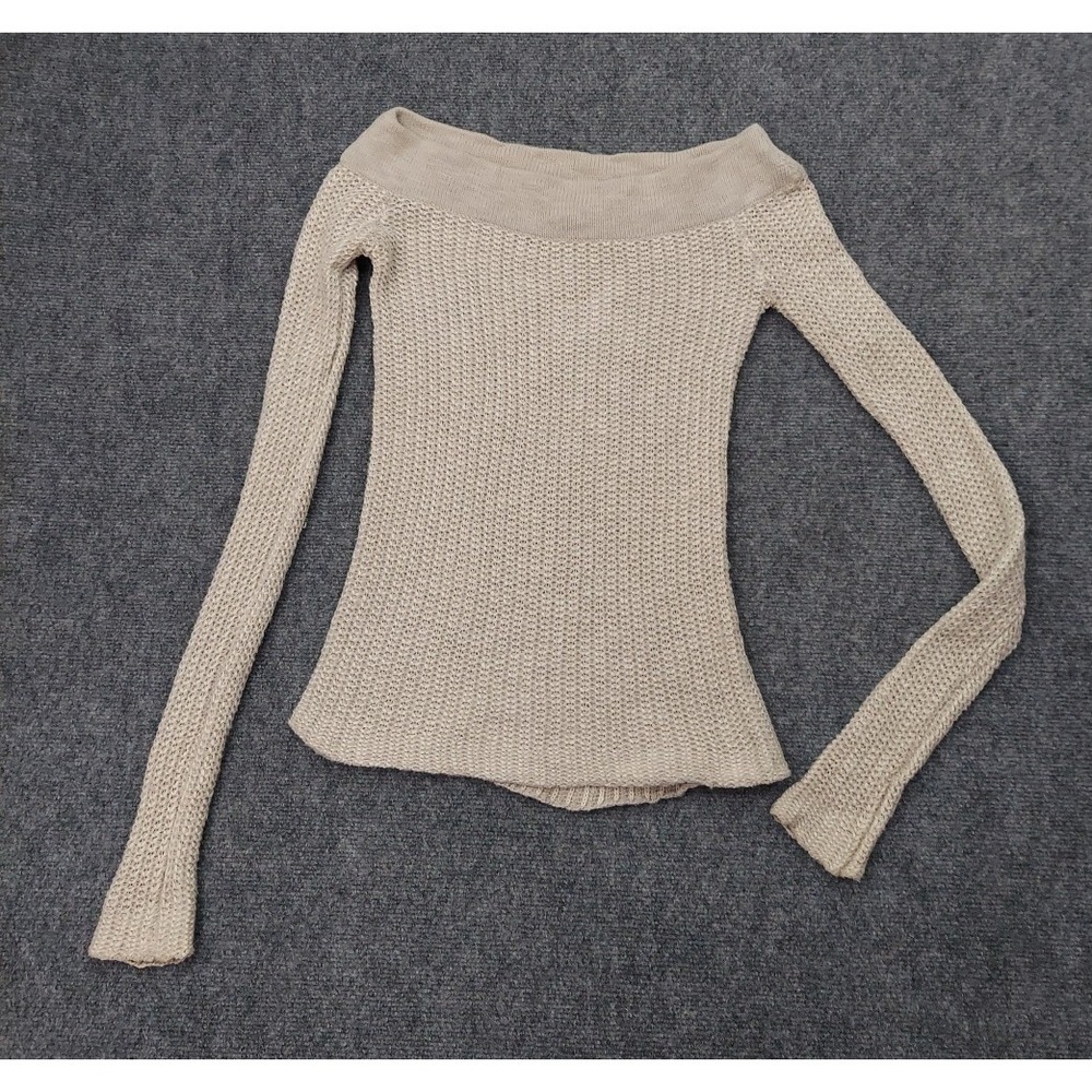 James Perse Sweater Women 1 Beige Knit Off the Shoulder Long Sleeve Cotton Linen